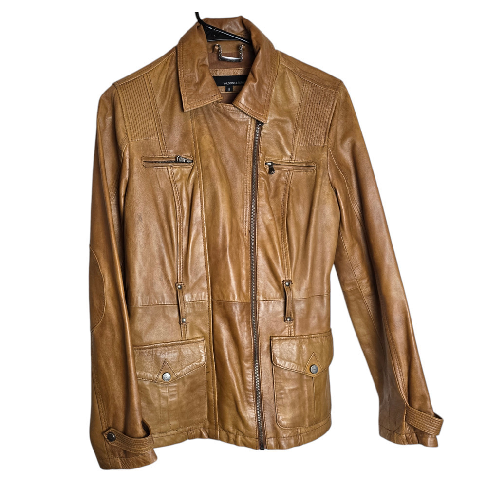 Wilsons Leather Women's Brown 100% Leather Biker Moto Zip Jacket Sz S